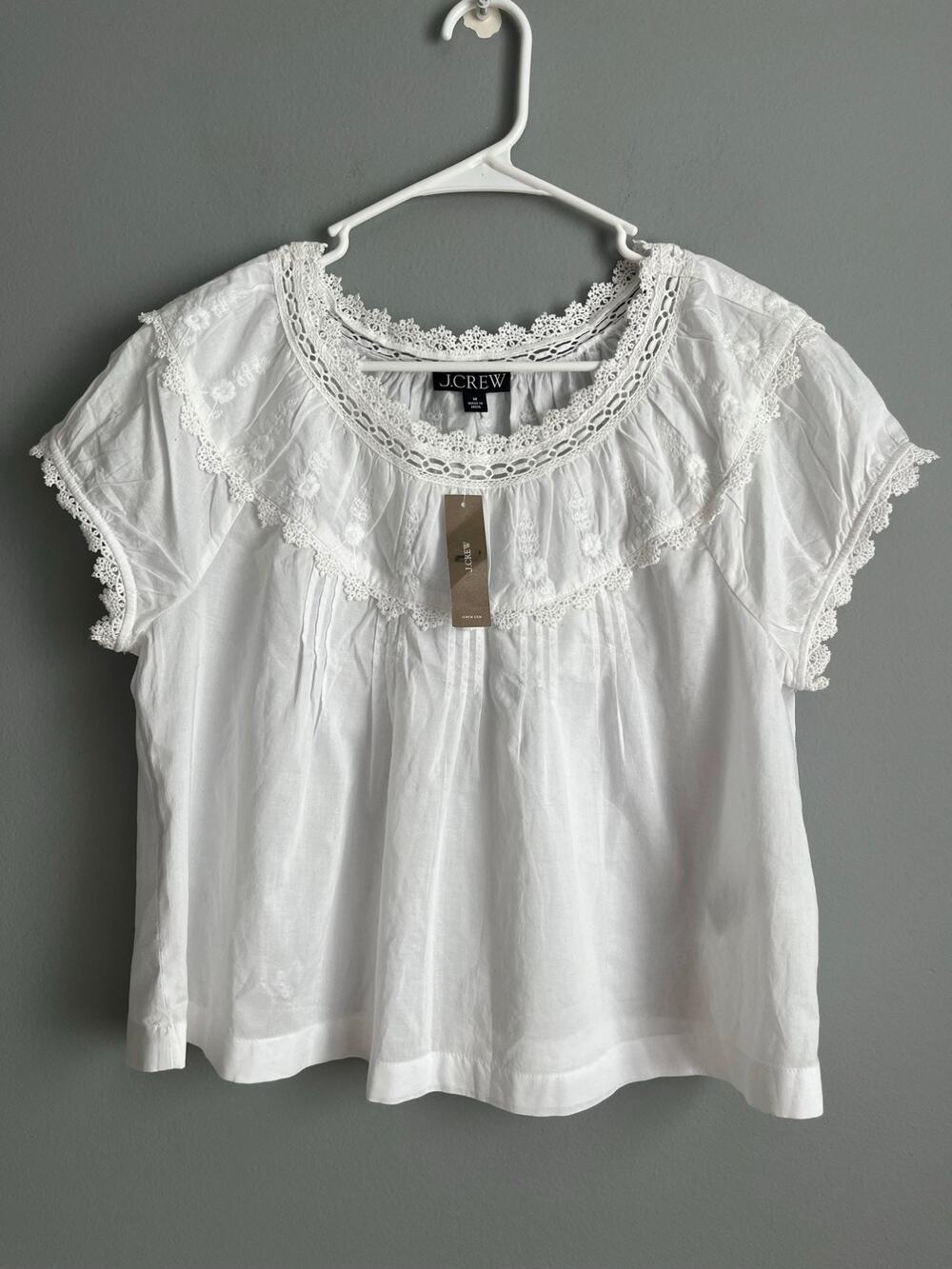 J.Crew Lace Trim Peasant Blouse M White Cotton Embroidered Boho Top NWT CV060